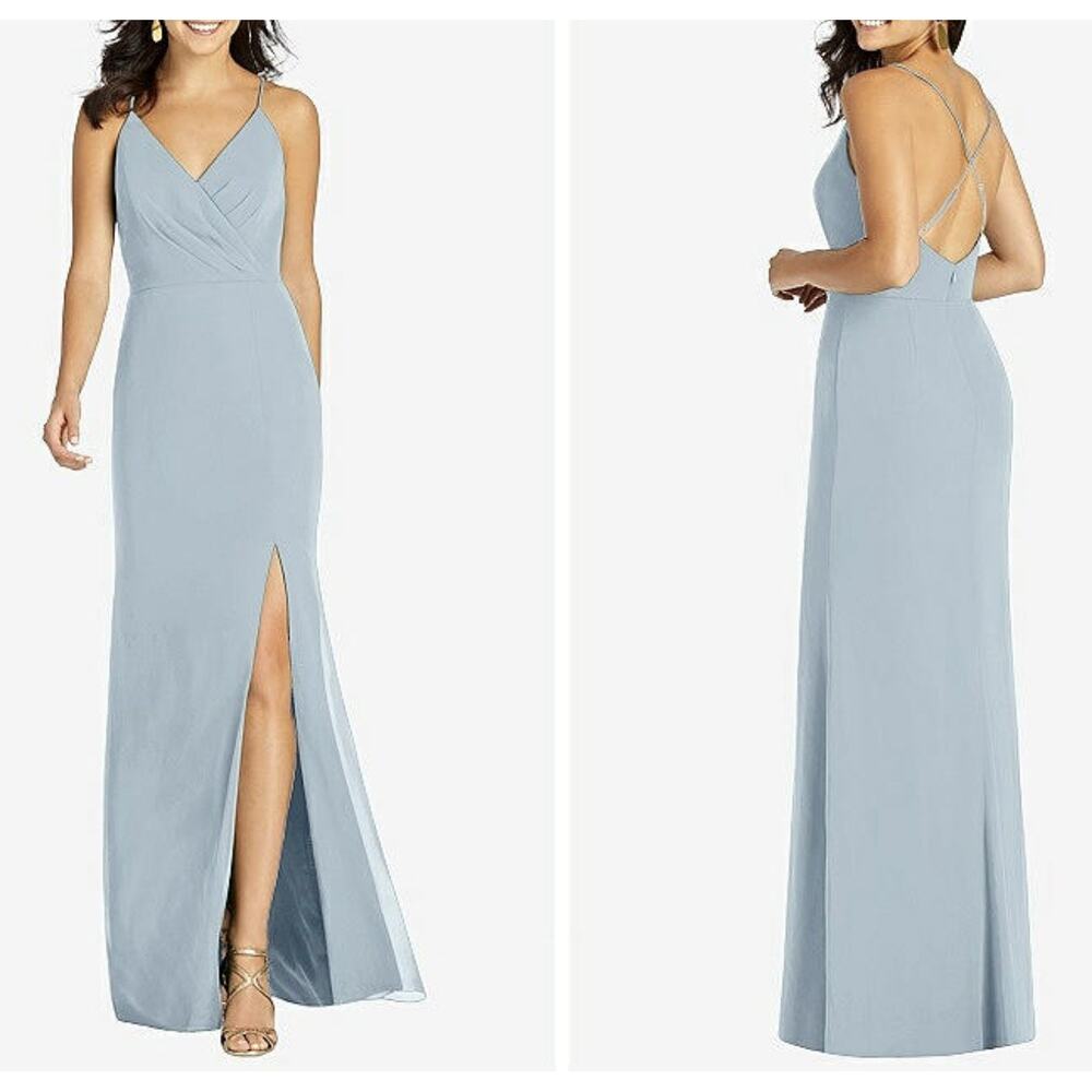 NWT Thread Dessy‎ CRISS CROSS BACK MERMAID WRAP DRESS Blue MIST SZ 6R Gown Dress